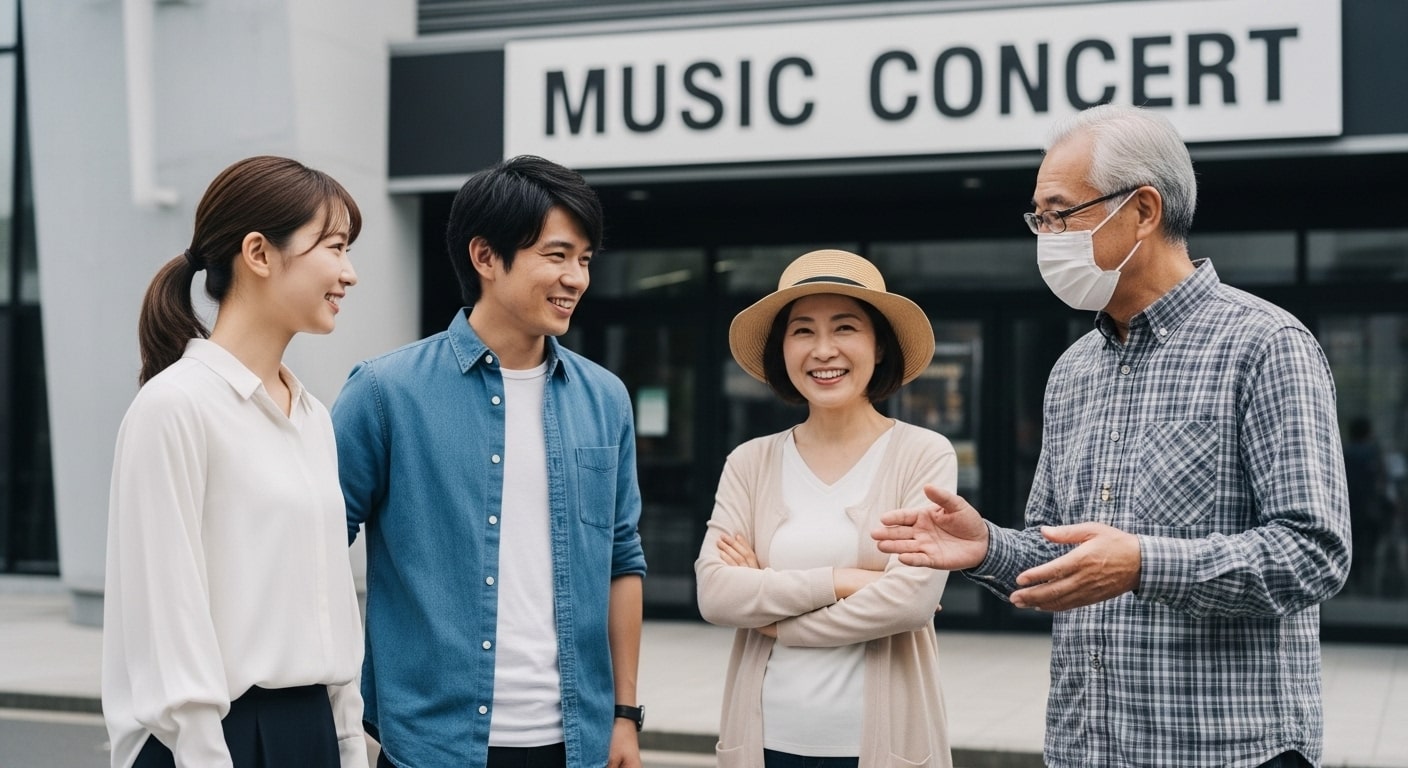 音楽コンサートで楽しそうに会話する4人の人々